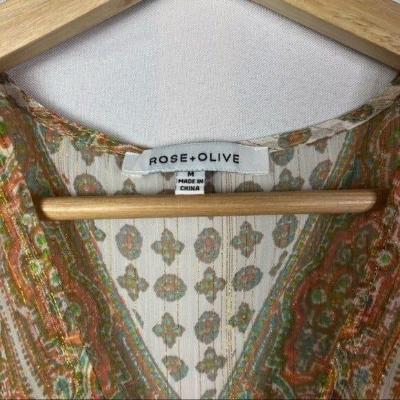 Boutique Rose + Olive Pink & Green Sheer Boho Peasant Long Sleeve Blouse M - Picture 4 of 5